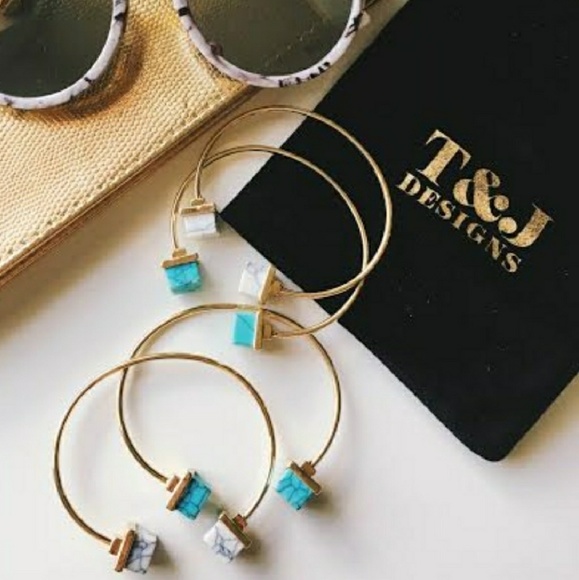 18kt YG Plated Marbled Turquoise Cuff Bracelet - Picture 2 of 3